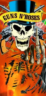 Guns N' Roses skeleton artwork with an orange fiery backdrop.