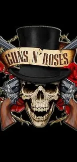 Guns N' Roses skull logo with roses and revolvers.