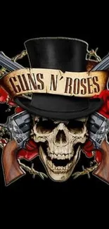Guns N' Roses skull logo with roses and guns.