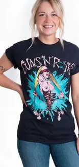 Woman wearing Guns N' Roses t-shirt with vibrant print.