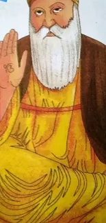 Illustration of Guru Nanak Dev Ji with a yellow robe.