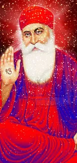 Guru Nanak Dev Ji in vibrant red attire with a divine aura.