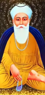 Colorful illustration of Guru Nanak Dev Ji with spiritual aura.