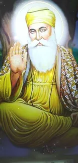 Vibrant depiction of Guru Nanak Dev in a peaceful pose on a mobile wallpaper.