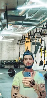 Mobile phone selfie in a modern gym.