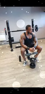 Man resting on gym bench with weights.