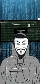 Hacker in hoodie with coding background wallpaper.