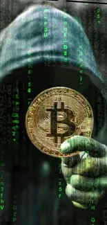 Hooded figure holds Bitcoin in digital code background wallpaper.