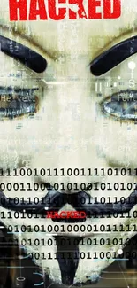 Anonymous mask overlaid with binary code and the word 'HACKED' in red.