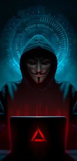 Masked hacker in cyber theme wallpaper.