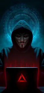 Enigmatic hacker with mask and cyber backdrop in dark teal and red tones.