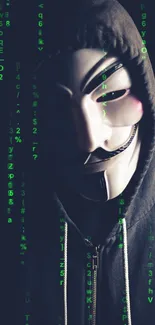 Mysterious hacker wearing a hood with green digital code flowing down.