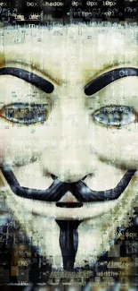 Hacker mask with digital code overlay on wallpaper.