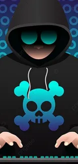 Hooded hacker with neon symbols in blue-green digital art.