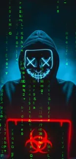 Hacker wearing a neon lit mask with green digital code overlay.