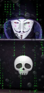 Hacker themed wallpaper with code and mask.