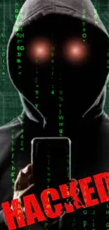 Hacker-themed wallpaper with hooded figure and code.