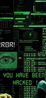 Hacker themed wallpaper with green text and coding symbols.