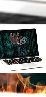 Masked figure on laptop with matrix codes in black theme.