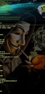 Hacker with mask smoking under digital code backdrop.