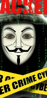 Intriguing hacker-themed mobile wallpaper with mysterious mask and cyber elements.