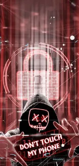 Hacker-themed mobile wallpaper with red digital lock and anonymous figure.