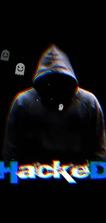 Dark hooded figure with glitch effect text on a black background.