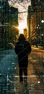 Silhouetted hacker walking in a sunset cityscape with digital overlays.