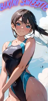 Anime girl in swimsuit with sky background, phone wallpaper.