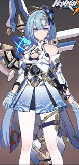 Futuristic anime character with blue hair and outfit from Honkai Impact 3rd.