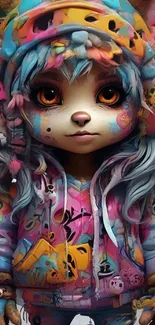 Vibrant anime character in colorful hoodie with graffiti art style.