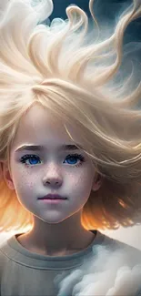 Ethereal portrait of a blonde child with blue eyes and flowing hair.