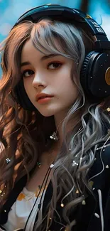 Anime girl with headphones in a trendy wallpaper.