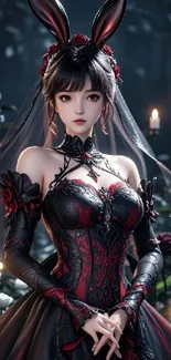 Gothic anime character with intricate dress and candles.