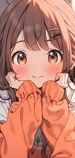 Adorable anime girl in an orange sweater, smiling warmly.