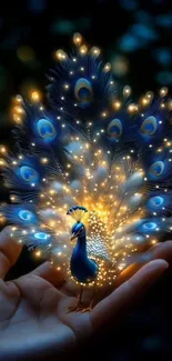 A glowing peacock rests on a hand, blending fantasy and nature.