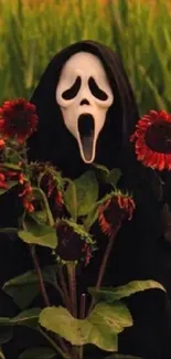 Haunting ghost mask with sunflowers background.