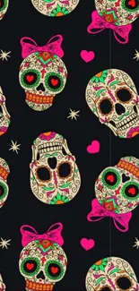 Vibrant skull pattern with colorful details on a dark background.