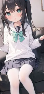 Anime girl in school uniform on a couch, perfect mobile wallpaper.