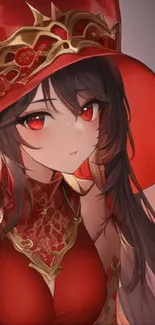 Anime girl in red costume with intricate details.