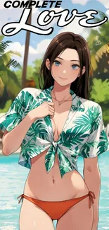 Anime girl near a pool with tropical background.