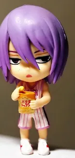 Chibi anime figurine with purple hair holding a small item, ideal for wallpaper use.