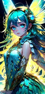 Anime fairy with vibrant teal and yellow colors in a fantasy setting.