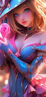 Fantasy character holding luminous heart with vibrant pink and blue colors.