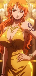 Anime character with golden hair and dress in luxurious setting.