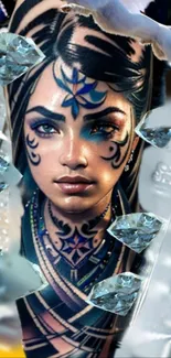 Mystical tattoo art wallpaper with crystals and intricate designs.