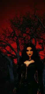 Gothic woman in dark forest with red sky.