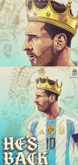 Crowned football player in Argentine jersey art illustration.