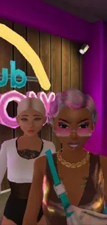 Colorful virtual club scene with avatars, neon lights.