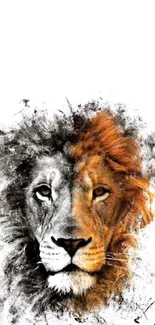 Artistic lion with half-colored face on mobile wallpaper.